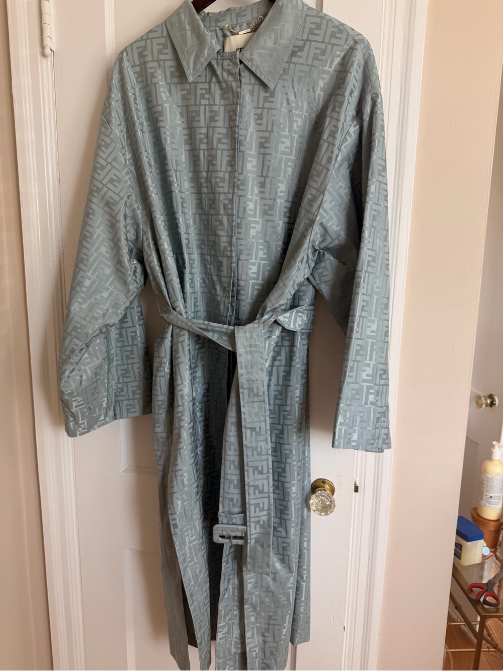Fendi Light Blue Monogram Belted Trench Coat